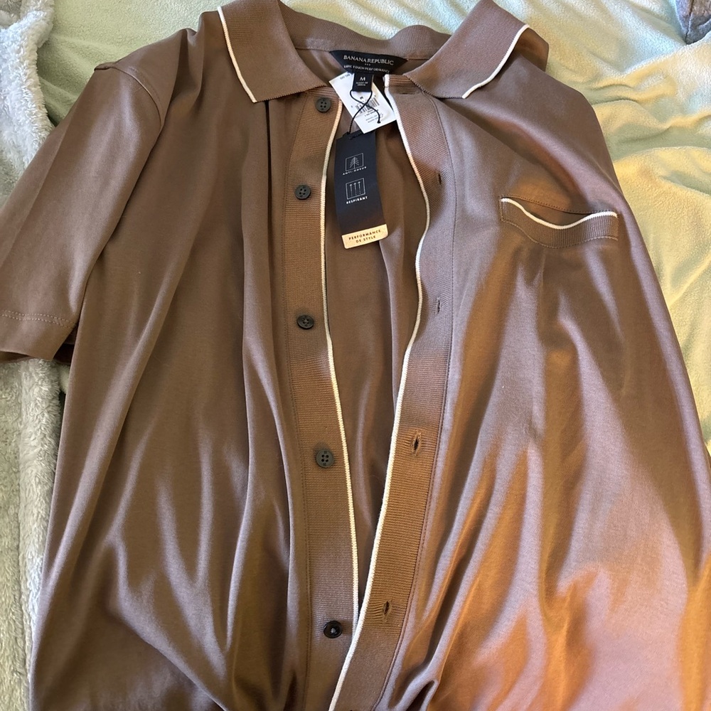 Banana Republic Brown Short-Sleeve Shirt Jacket with Cream Piping